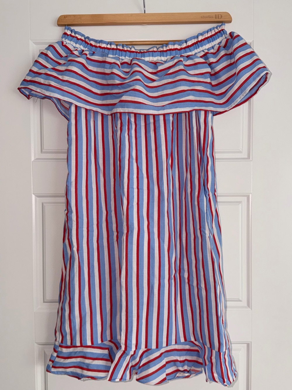 Jade Off-Shoulder Striped Dress in Blue & Red